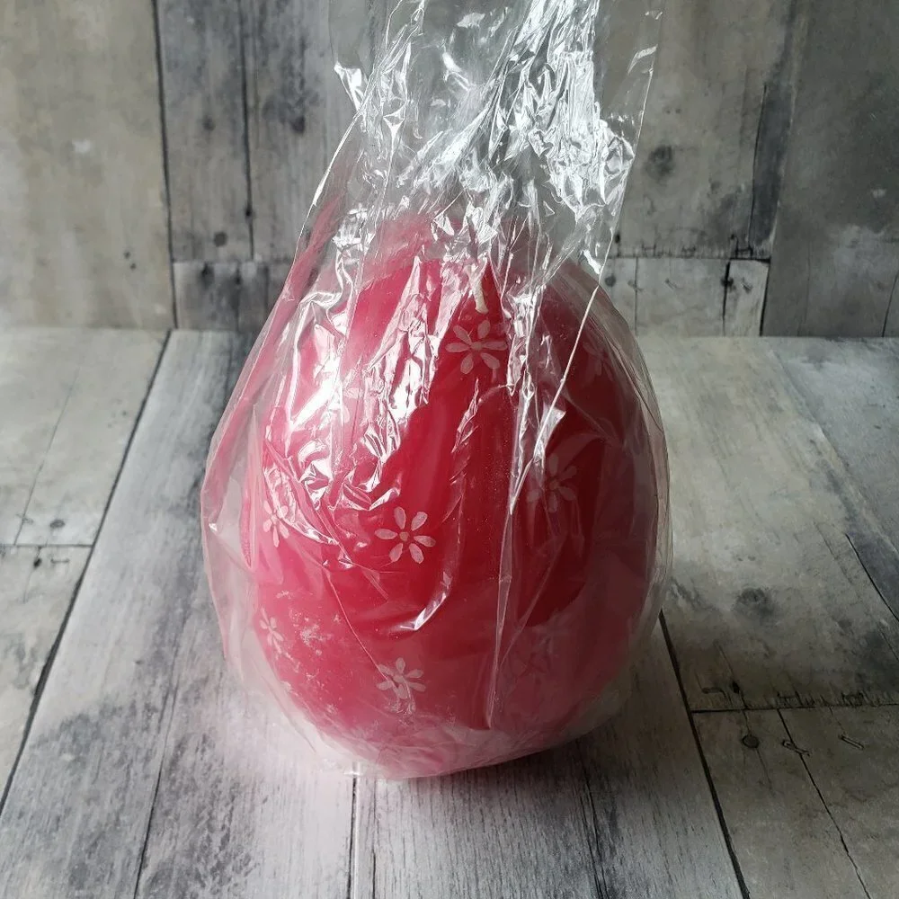 Large Pink Egg Candle with Pink Flowers - Wax Burning - Easter